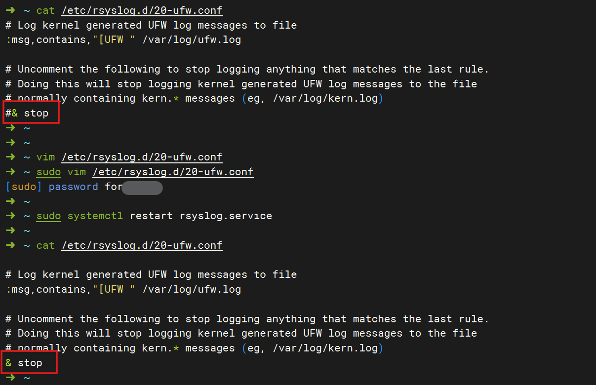 close ufw log to rsyslog